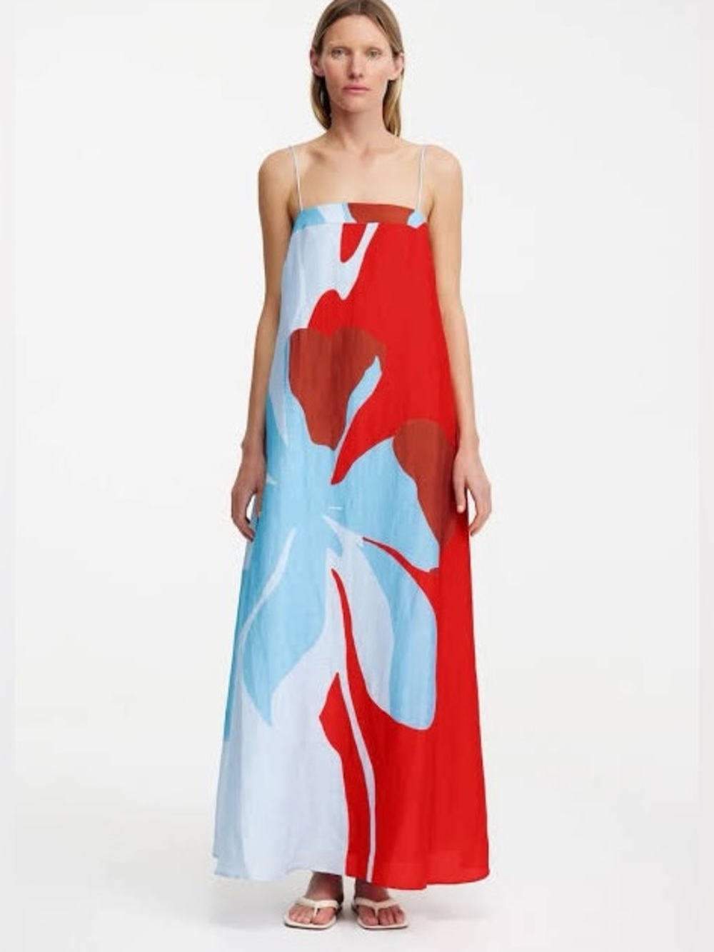 NWOT Seven Wonders Amoree Red White & Light Blue silky strapless Maxi Dress